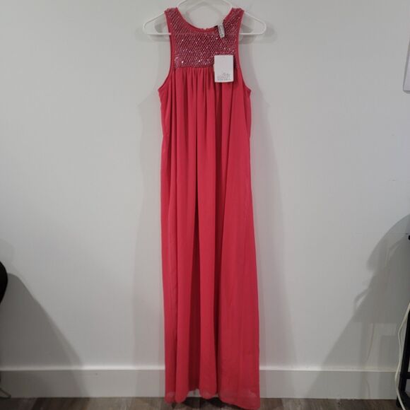 Belle Badgley Mischka Womens Maxi Dress Size 8 Pink Beaded Feminine Colorful - Picture 1 of 10